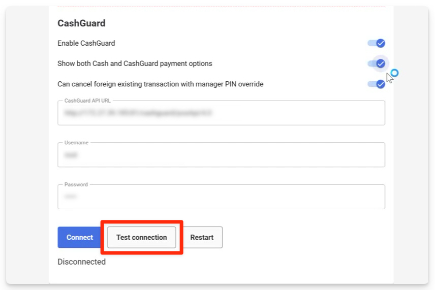 CashGuard settings interface showing connection options and buttons for testing connection.
